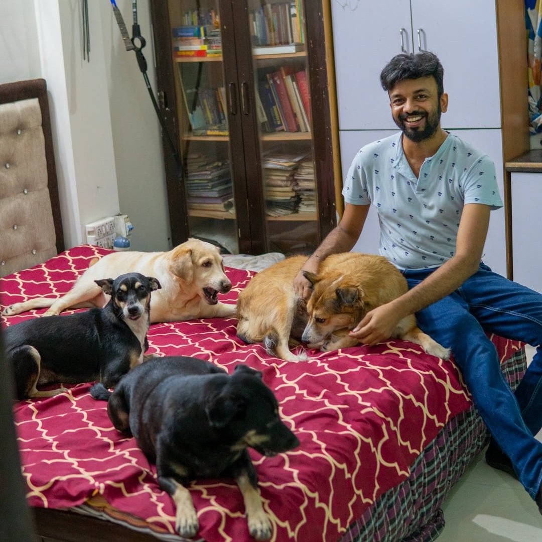 संस्थापक कुत्तों के साथ
